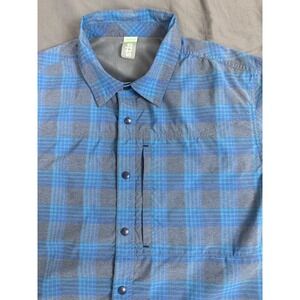 Stio Hagen Trail Shirt Mens Medium Blue Plaid S/S Snap Button UPF 50 Vented